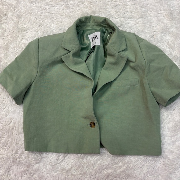 Zara Linen Blend Cropped Blazer Pistachio Green - Picture 3 of 6